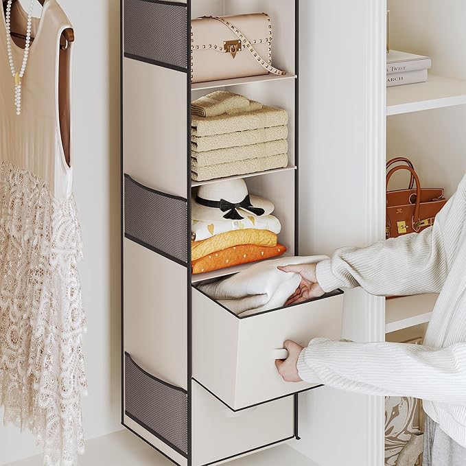 YOUDENOVA Hanging Closet Organizer, 5 Tier Hanging Closet Shelves with 6 Side Pockets and 2 Drawers, Beige
