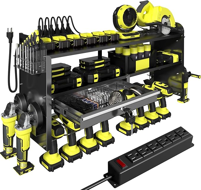 KSVO Power Tool Organizer Wall Mount with Drill Holder, Grinder Bracket, Hammer and Pliers, Locking Drawer, 6-Outlet Charging Rack - Heavy Duty Metal Tool Storage Garage, Workshop (Yellow)