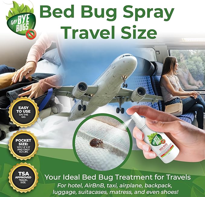 Say Bye Bugs Bed Bug Spray Travel Size-Non-Toxic and Kills on Contact. Stain & Odor Free Bed Bug Spray. New Formula for Getting Rid of Bed Bugs Permanently (6x2 oz) TSA Approved size-Travel Must Haves