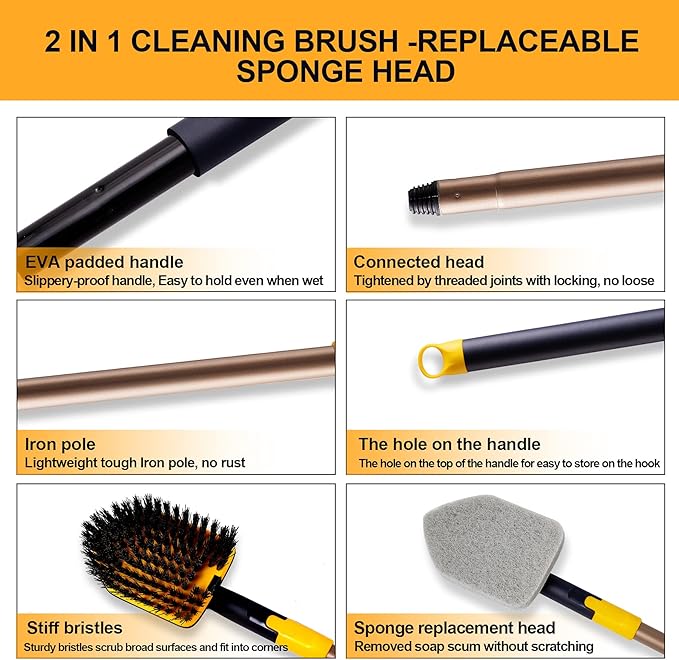 Yocada Tub Tile Scrubber Brush 2 in 1 Cleaning Brush 58.2 Inch Adjustable Telescopic Pole Stiff Bristles Scouring Pads for Cleaning Bathroom Kitchen Toilet Wall Tub Tile Sink Non Scratch