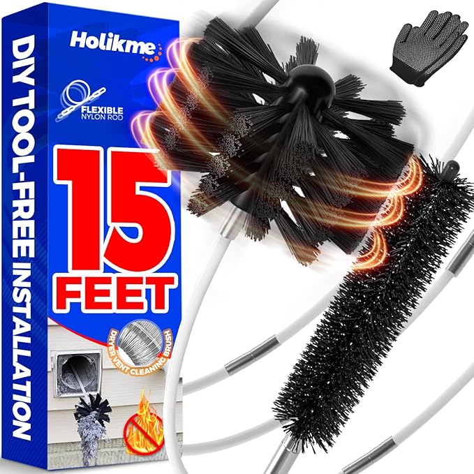 Holikme 15 Feet Dryer Vent Cleaner Kit, Lint Remover, Extends Up to 15 Feet, Synthetic Brush Head, Use with or Without a Power Drill