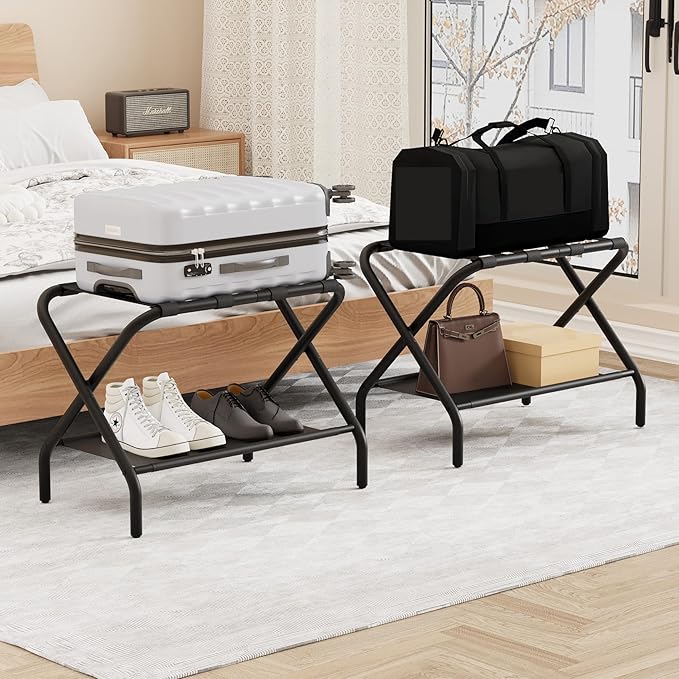 Smuxee Black Luggage Rack Pack of 2, Foldable Suitcase Stand with Fabric Storage Shelf, Luggage Holder with 4 Nylon Straps for Guest Room Bedroom Hotel
