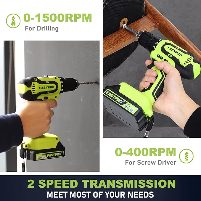 FASTPRO 177-Piece 20V Cordless Lithium-ion Drill Driver and Home Tool Set, Household Repairing Tool Kit with Drill in Storage Case, Green