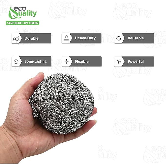 6 Pack Stainless Steel Sponges, Steel Wool Scrubber, Scrubbing Scouring Pad for Pots, Pans and Ovens Great for Kitchen, Bathroom, Outdoors by EcoQuality