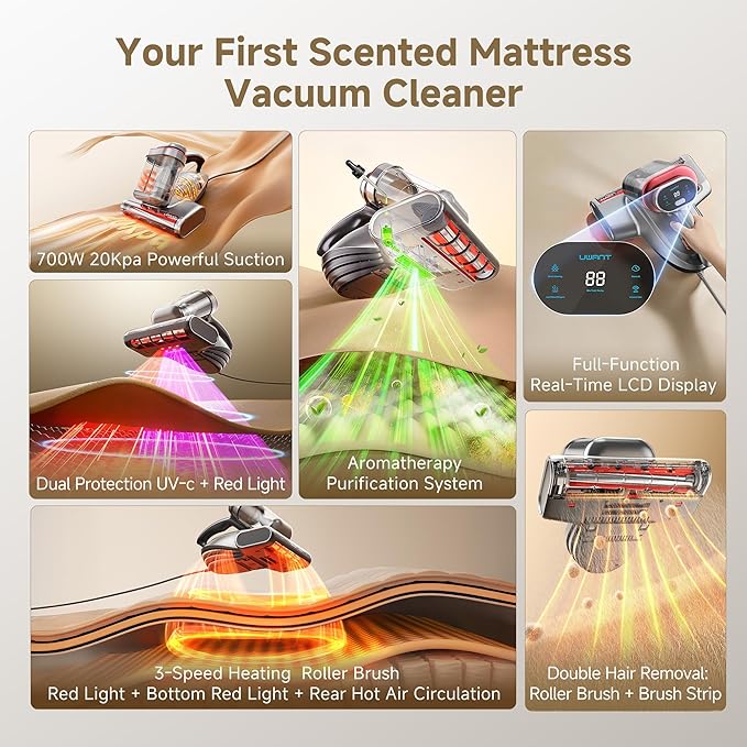 uwant Mattress Vacuum Cleaner 700W 20Kpa, Triple Deep Cleaning Bed Vacuum Cleaner, Bed Cleaner with Aromatherapy Purification, Triple Heating System HEPA Filter&Ultrasonic Mattress Vacuum for Sofa