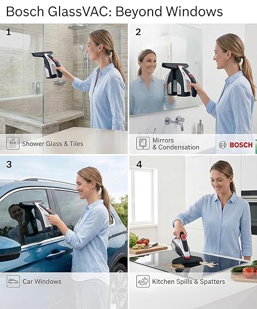 Bosch GlassVAC Cordless Electric Window Vacuum Squeegee Handheld Glass & Surface Cleaner Streak-Free Suction for Showers, Mirrors, Tiles, and Countertops – USB Rechargeable with Dual Head Attachments