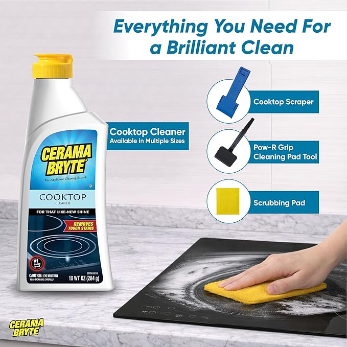Cerama Bryte Glass Cooktop and Stove Top Cleaner Combo Kit - Includes Cleaning Tool, Razor, Scraper and 1 Pad to Remove Tough Stains - Use on Gas, Electric, Ceramic Surfaces, 18 Ounces, 4 Piece