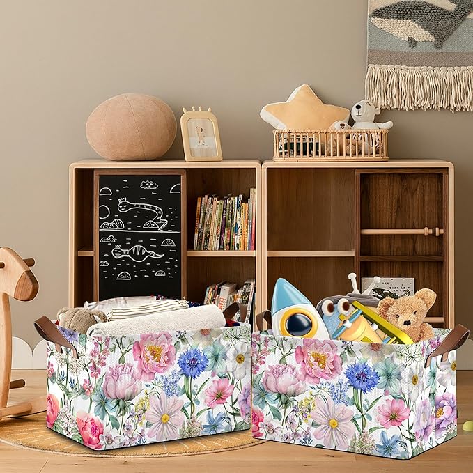 Pink Blue Flowers Storage Baskets,Floral Foldable Organizer Bin with Handles for Home Living Room Bedroom Closet Box 17x11.5x10Inch