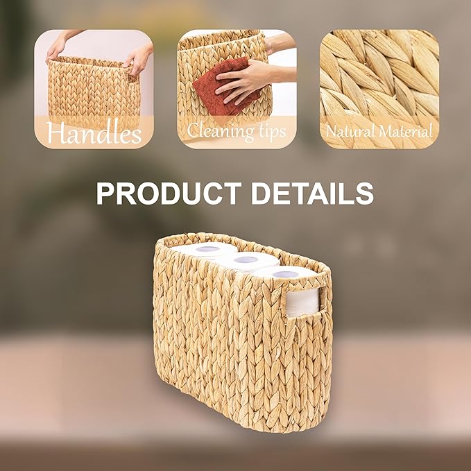 Wicker Toilet Paper Storage Holder with Built-in Handles, Toilet Paper Holder for up to 6 Mega Rolls, Water Hyacinth Toilet Paper Baskets Bathroom Accessories Organizer