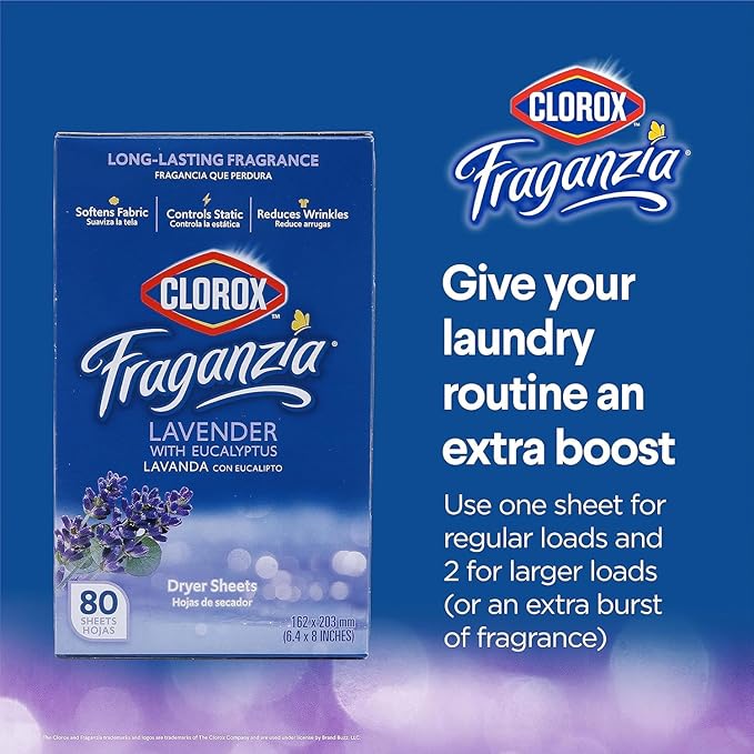 Clorox Fraganzia Fabric Softener Dryer Sheets, Wrinkle Reducing and Anti Static Laundry Dryer Sheets for Great Smelling Clothes, Softens Fabrics, Lavender with Eucalyptus Scent, 80 Count - 6 Pack