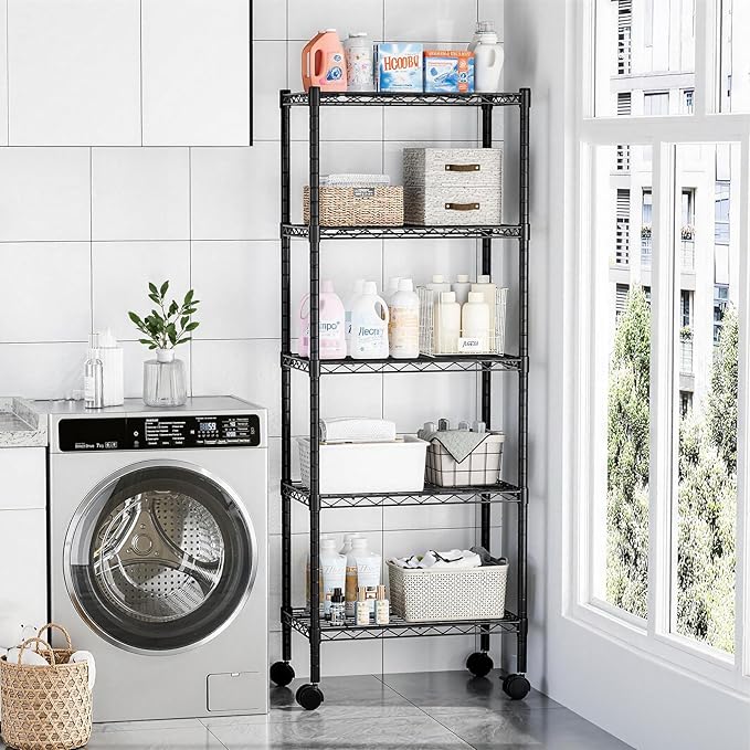 DUMOS 5 Tier Metal Shelving, Heavy Duty Shelves Wire Shelving Unit with Removable Wheel Casters, Shelves Organizer for Bathroom Garage Living Room Kitchen Pantry Laundry Black