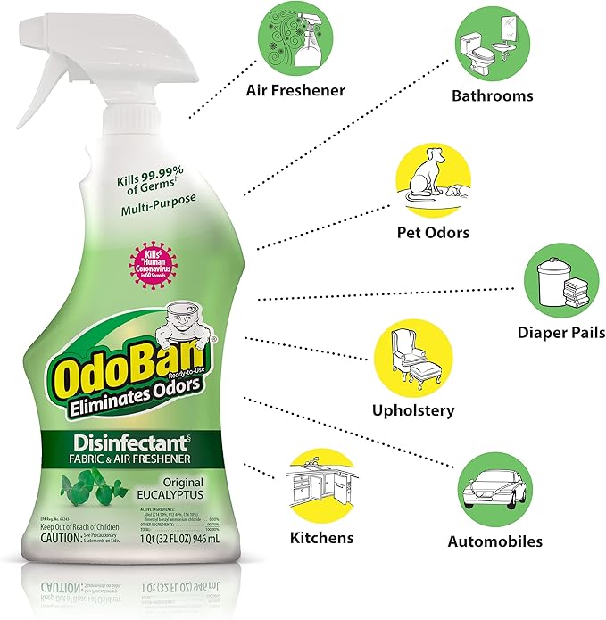 OdoBan Ready-to-Use Disinfectant and Odor Eliminator, Made in the USA, Original Eucalyptus Scent, Set of 3, 2 Spray Bottles, 32 Ounces Each and 1 Gallon Concentrate