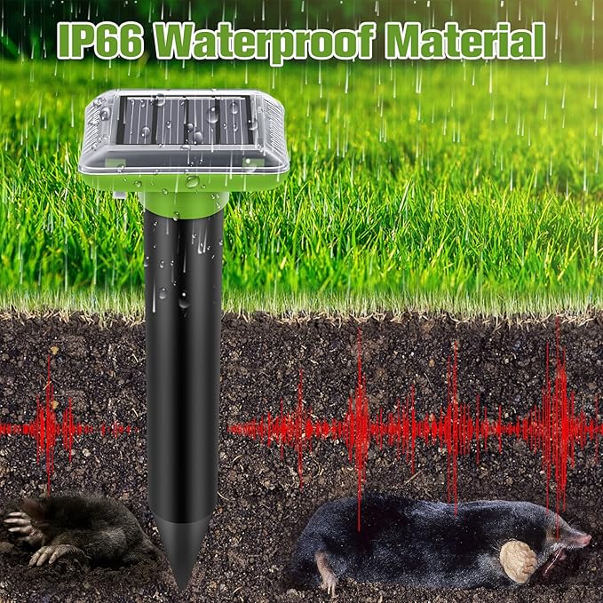 Solar Mole Repellent, Ultrasonic Gopher Repeller Outdoor, Solar Powered Waterproof Snake Repellent Deterrent Gopher Vole Snake Pest and Other Animals from Lawn Garden Yard Home(Green, 2 PCS)