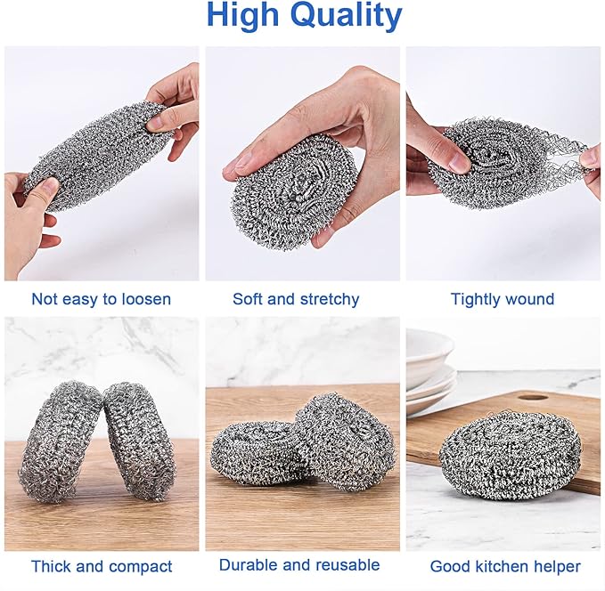 12Pack Upgraded Steel Wool Scrubbers - Premium Stainless Steel Scrubber, Metal Scouring Pads, Steel Wool Pads, Kitchen Cleaner, Heavy Duty Cleaning Supplies - Especially for Tough Cleaning