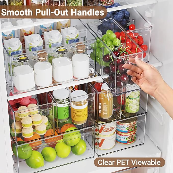 Clear Plastic Storage Bins with Dividers for Kitchen Pantry Organization, 3 Pack Large Thicken Stackable Storage Drawer Boxes for Refrigerator Cabinets Vanity Organizers and Storage, C6-2
