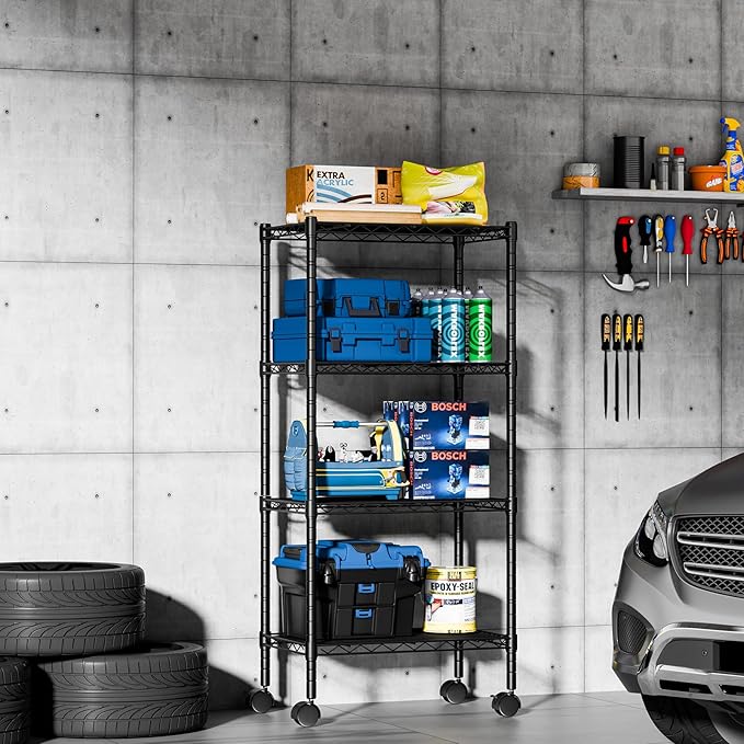 DUMOS Industrial 4 Level Grid Storage Rack ，Mobile Metallic Shelving System with Lockable Wheels， Multi-Purpose Cabinet for Workshop, Culinary Space, Storeroom, Washroom & Restroom Black