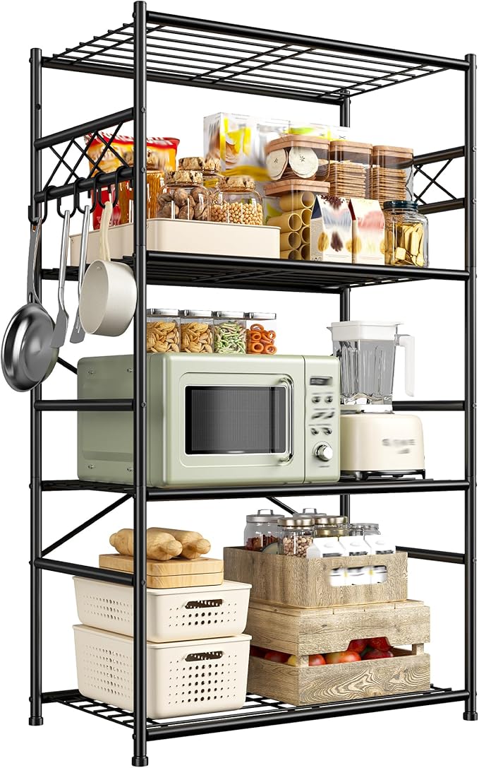 DurayLoly Storage Shelves 4 Tier Shelf Organizer,Metaling Shelving with Hooks,Heavy Duty Garage Shelves Unit with Leveling Feet,Wire Shelving for Pantry,Kitchen and Closet,23.6" W x 13.8" D x 60.4" H
