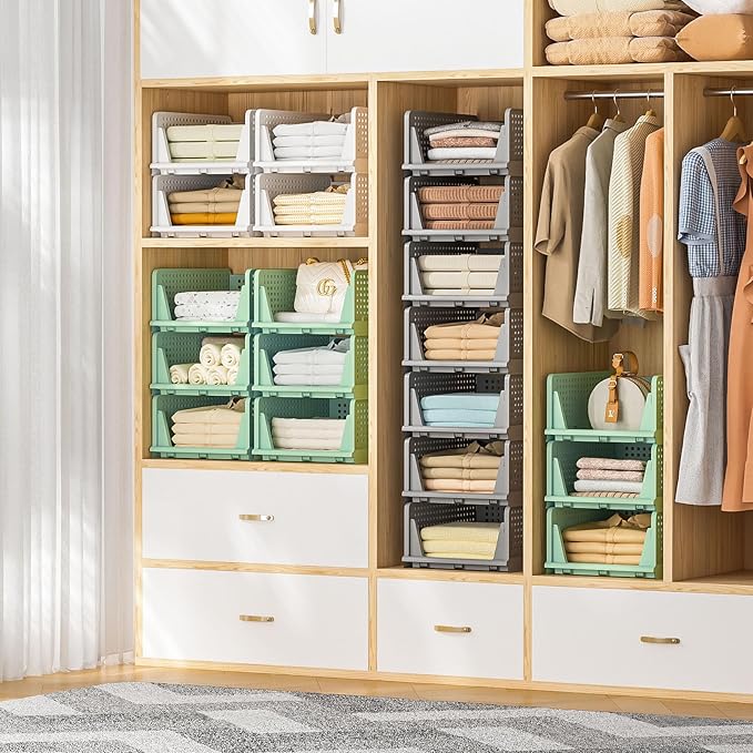 Stackable Plastic Storage Drawers for Closet Organizers and Storage, Open Storage Bins Closet Shelf Clothes Organizer for Closet Wardrobe (5, Green)