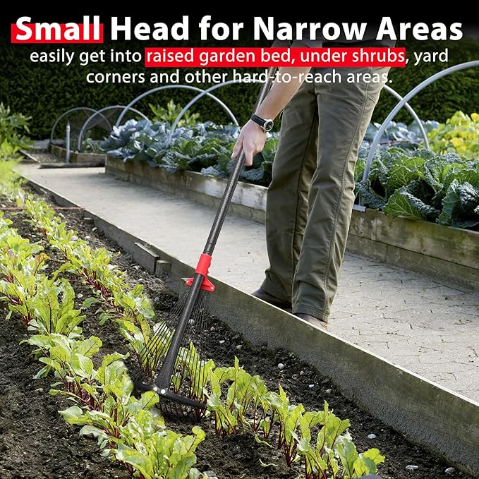 Rake for Leaves, Adjustable Garden Leaf Rakes for Lawns Heavy Duty, Metal Rake with 18 Clog-Free Tines, 9”-17” Collapsible Head, 6 ft Long Handle, Yard Tools for Gardening Camping Fast Cleanup