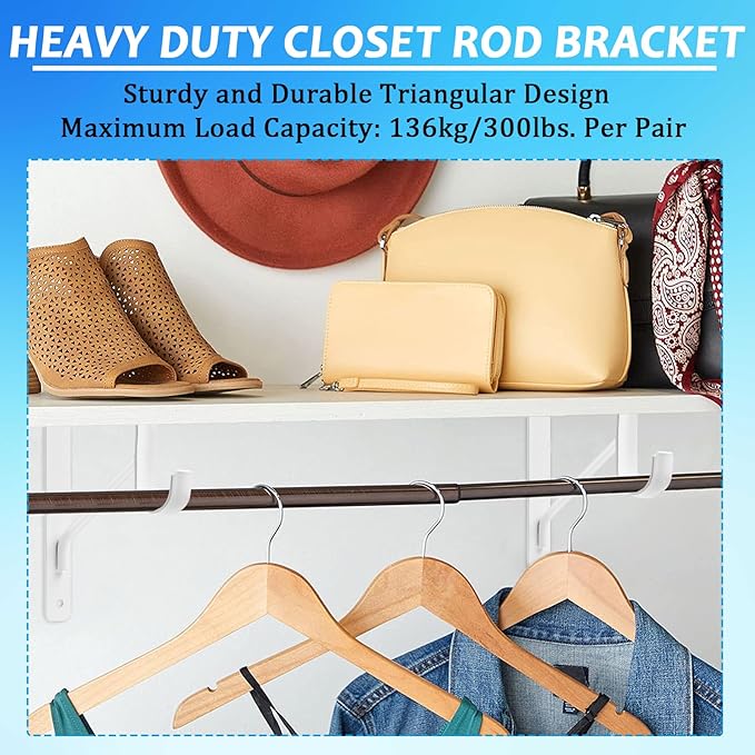 8 Pack Heavy Duty Closet Shelf & Rod Brackets 11 x 11 Inch, 300lbs Wall Mounted Closet Shelves Bracket with Rod Shelving Support, Closet Pole Supports Bracket Holder with Screws, White