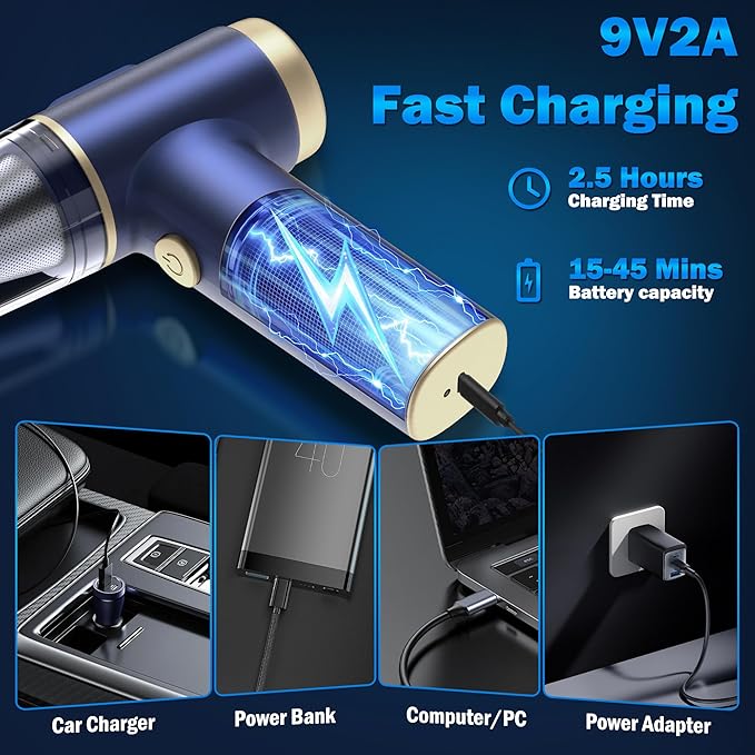 Handheld Car Vacuum Cleaner, 2-in-1 Portable Mini Car Vacuum Cleaner,16000Pa High Power & Air Duster, Handheld Vacuum Cordless with LED Light and Multi-Nozzles for Car,Home,Office,Pet(Blue)