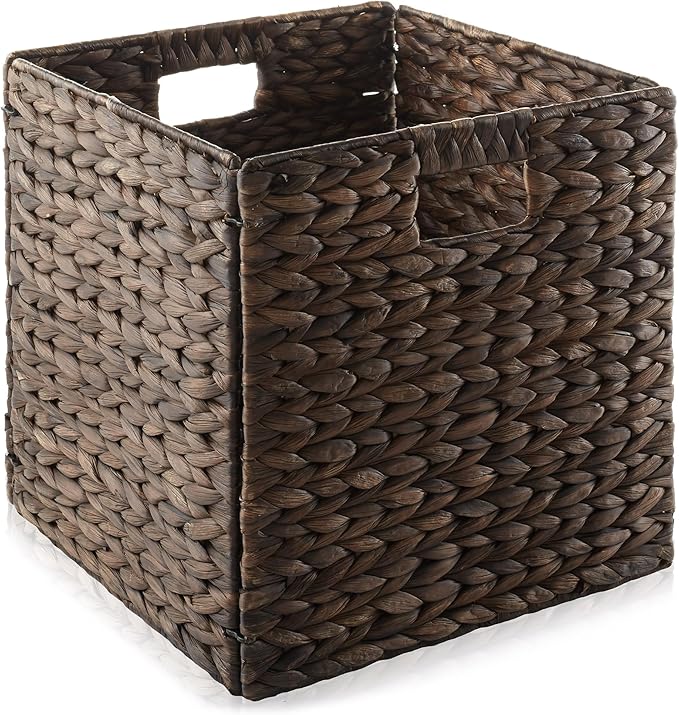 Casafield 12" x 12" Water Hyacinth Storage Baskets, Espresso - Set of 4 Collapsible Cube Organizers, Woven Bins for Bathroom, Bedroom, Laundry, Pantry, Shelves