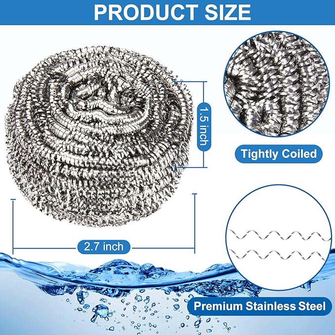 10 Pack Stainless Steel Scrubber, Steel Wool Srubber for Scouring Stubborn Messes from Pots and Pans, Stoves,Broiler Racks,Grills and More