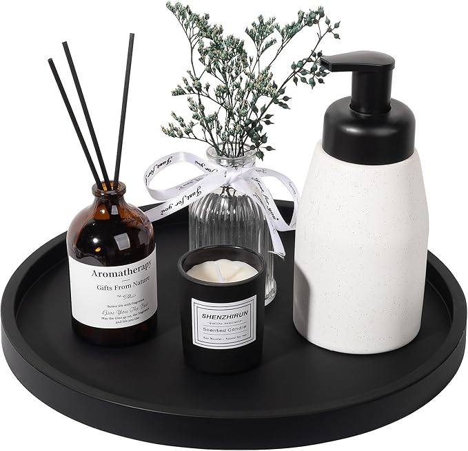 Silicone Bathroom Tray Round Vanity Tray Decorative Soap Holder Kitchen Countertop Organizer Coffee Table Decor for Candle, Perfume, Plant, 11 Inch, Black