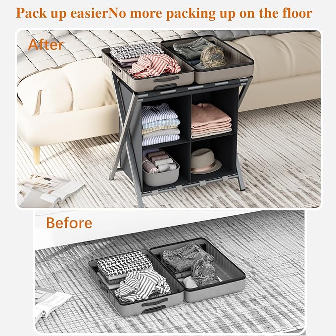 aboxoo Luggage Rack with storage, Guest Room Folding Suitcase Stands, Holds up to 120 lb, Space Saving Suitcase Holders for guest room, Bedroom Hotel, Grey