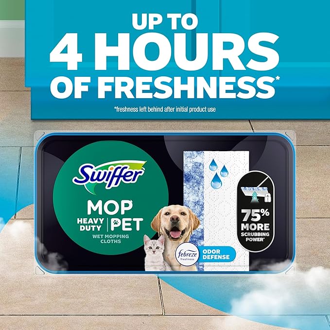 Swiffer Heavy Duty Mop Wet Multi-Surface Cloth Refills for Floor Mopping and Cleaning, Pet with Febreze Odor Defense, 32 count
