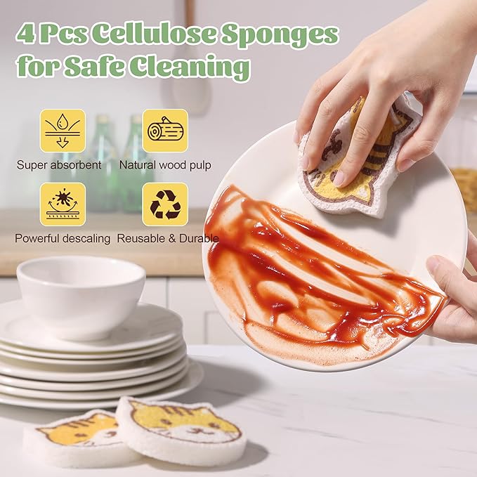 JOYMOOP Cartoon Kitchen Sponge, Cellulose Sponges for Cleaning, 4 Pack Non-Scratch Sponges for Dishes, Reusable Sponge for Household Cleaning - Kitten Pattern