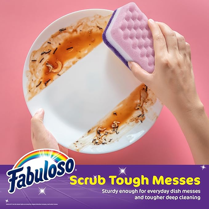 Fabuloso Scratch-Free Kitchen Dish Sponges, Purple Cellulose Scrubber Sponge with Scouring Pad for Dishes, Pots, Pans, Counters and Sinks, Tough on Messes, 4.25 x 2.75 x 1.25 in, 12 Count