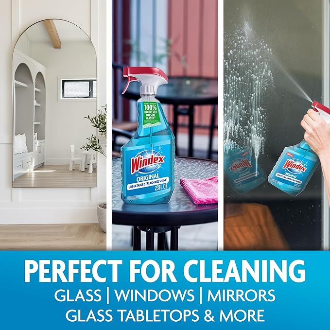 Windex Glass and Window Cleaner Spray Bottle, Packaging Designed to Prevent Leakage and Breaking, Surface Cleaning Spray, Original Blue Scent, 23 Fl Oz