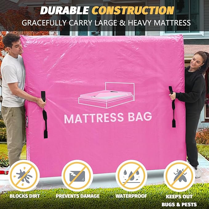 Mattress Bags for Moving and Storage, BETU Twin Mattress Protector Waterproof Mattress Cover with 8 Heavy Duty Handles and Zipper Extra Thick Moving Supplies for Dorm Bed Reusable (77x42x13.5 Pink)
