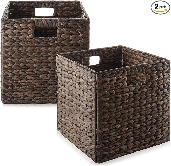 Casafield 12" x 12" Water Hyacinth Storage Baskets, Espresso - Set of 2 Collapsible Cube Organizers, Woven Bins for Bathroom, Bedroom, Laundry, Pantry, Shelves
