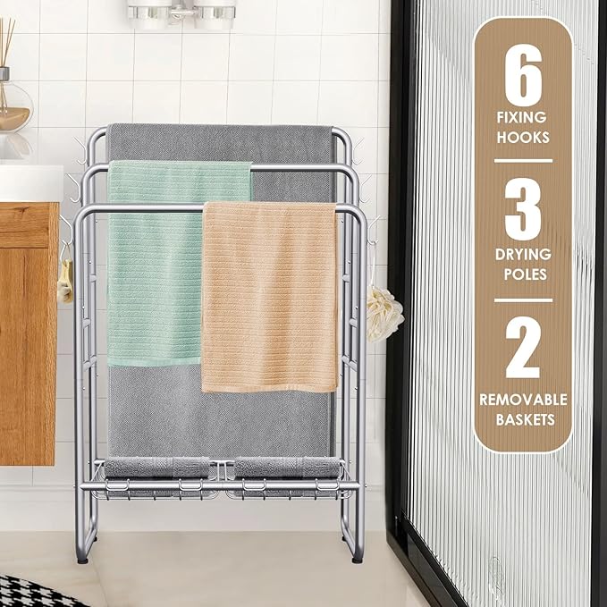 Kayfia 40" H Towel Rack Freestanding, 3-Tier Bath Towel Holder Stand with Storage Baskets & Hooks, Blanket Drying and Display Rack for Oversized Bath Towels, Metal Towel Rack Stand Indoor Outdoor