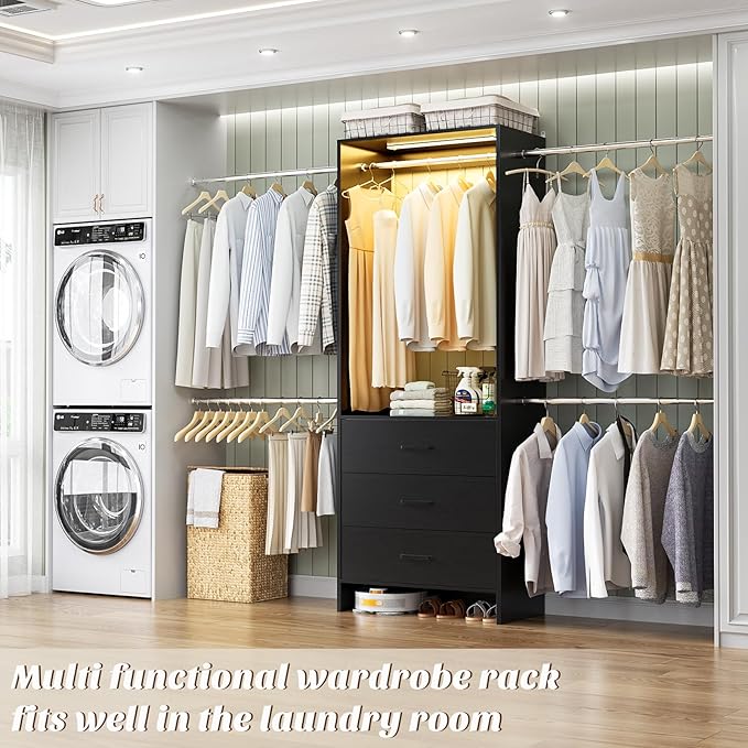 Aheaplus Closet System with Motion-Sensing Light, 3 Wooden Drawers and 4 Hanging Rods, Customizable Walk-in Closet Organizer with 3CCT LED, Heavy Duty Garment Rack for Bedroom,Black