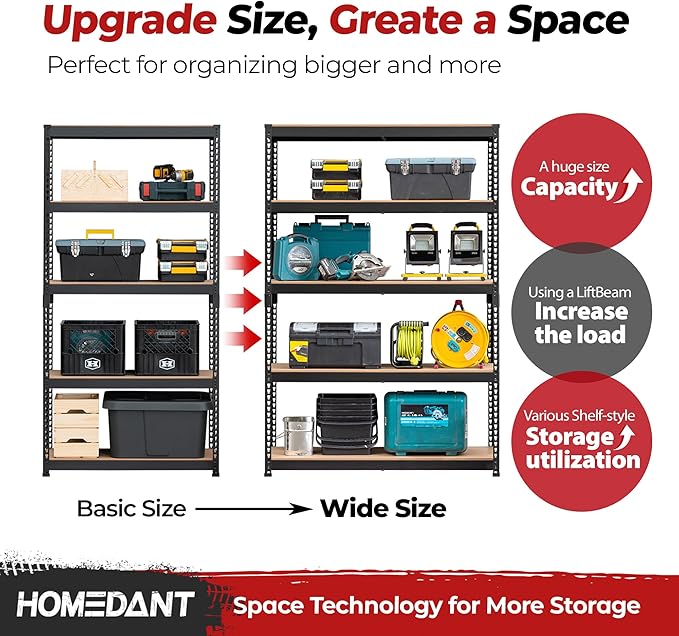 HOMEDANT 47.7" W 5 Tier Heavy Duty Garage Shelving Adjustable Metal Rack Storage Shelves Standing Shelf Unit Organizers Industrial Warehouse Basement Black 2Pack