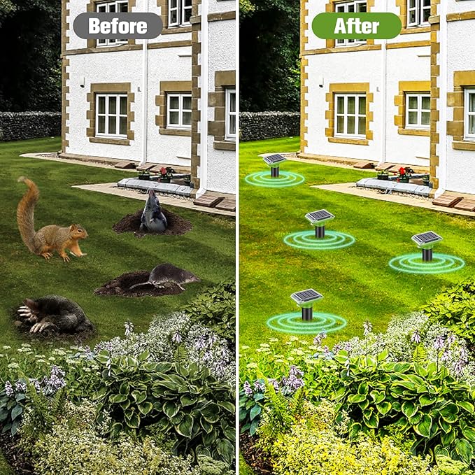 Solar Mole Repellent, Ultrasonic Gopher Repeller Outdoor, Solar Powered Waterproof Snake Repellent Deterrent Gopher Vole Snake Pest and Other Animals from Lawn Garden Yard Home(Green, 4 Packs)