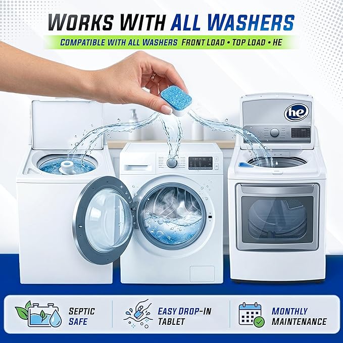 Washing Machine Cleaner Tablets 25 Pack – Rinses Away Pet Hair Trapped by Residue & Buildup, Compatible with Front Load, Top Load & HE Washers, Reaches Drum, Seal, Hoses & Pipes for Deep cleaning
