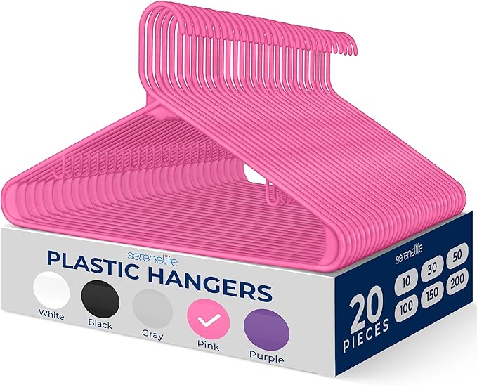 SereneLife Premium 20 Pack Plastic Hangers, Lightweight, Durable, Space Saving Clothes Organizers, Suitable for Shirts, Sweaters, Hoodies, Dresses, Kids Clothes, Good for Home Organization (Pink)