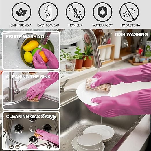 Mamison 2 Pairs Reusable Waterproof Household Dishwashing Cleaning Rubber Gloves, Non-Slip Kitchen Glove (Pink, XL (Pack of 3))