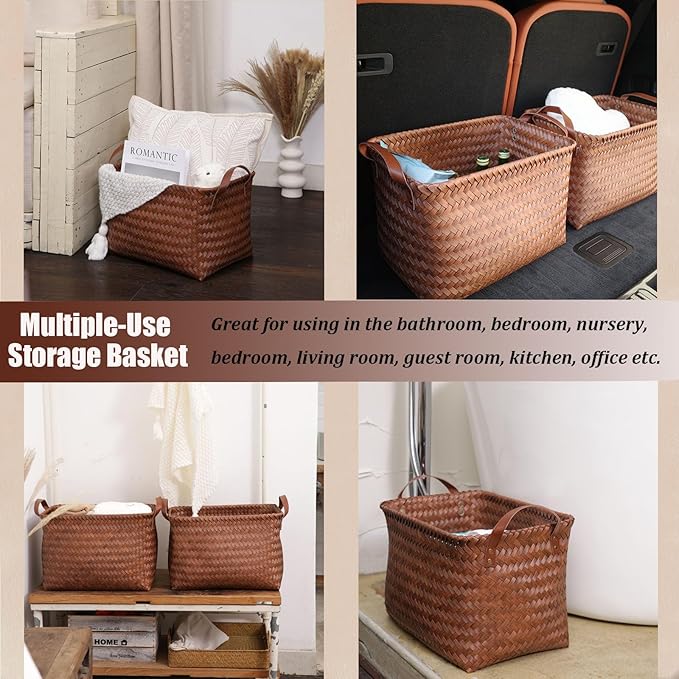 BROWNLILY Handwoven Clothes Basket Laundry Hampers Large Wicker Storage Baskets for Shelves Blankets Closet Storage Bins Car Bedroom Bathroom Organizers and Storage Bath (8, Brown)