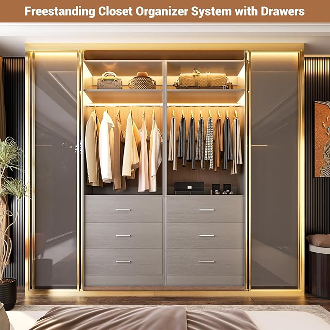 Besiost Freestanding 2FT Closet System with 3 Wood Drawers, 24" Closet Organizer System with Hanging Rod & Shelves, Walk-in Closet Systems for Small Closets, Grey (24"L x 15" W x 80" H)