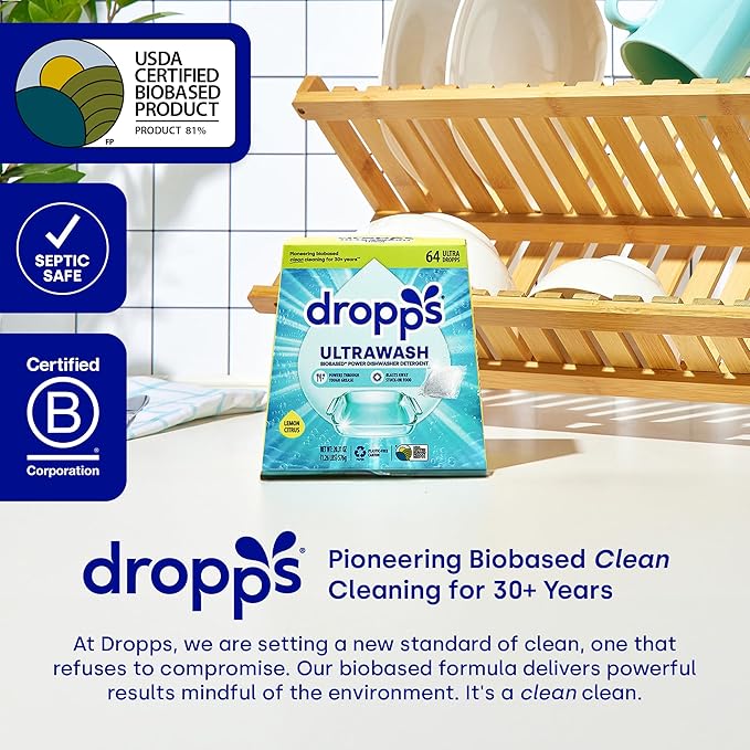 Dropps UltraWash Dishwasher Detergent Pods, Unscented (120 Ct) - Free & Clear | Cuts Grease & Stuck-On Food | Sparkling Dishes & Glasses | Residue-Free | Clean Ingredients | Plastic Free Packaging