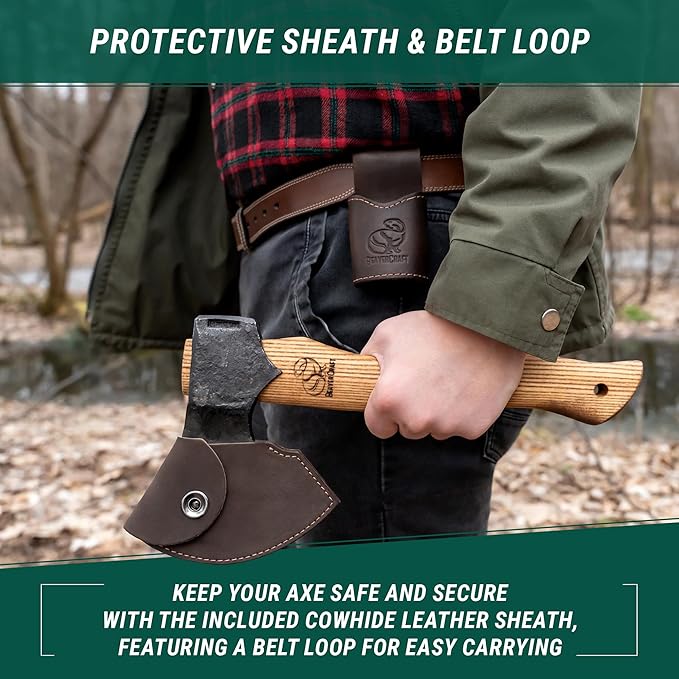 BeaverCraft Bushcraft Hatchet with Sheath for Camping AX3 - Small Wood Carving Axe - Forged Axes for Chopping - Forest Backpacking Hatchet with Wooden Handle - Firewood Splitting Axe, Gardening Axes