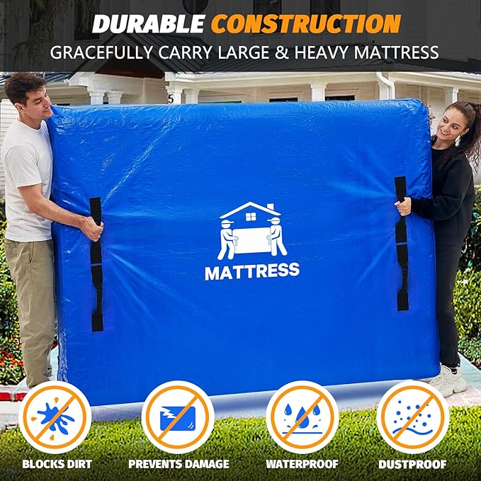 Mattress Bags for Moving, BETU Mattress Protector Waterproof Mattress Cover Queen Size Storage Bags with 8 Heavy-Duty Handles and Zipper for Bed Extra Thick Large Reusable (82"x62"x15" Blue)