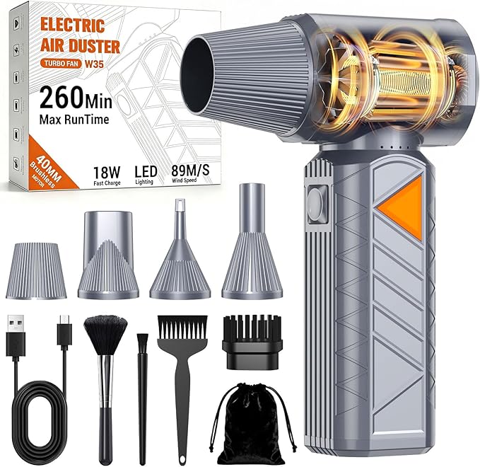 BOBYE Compressed Air Duster, 350W High-Powered Electric Air Duster with 180,000 RPM, Extended Runtime, 10000 mAh Battery, Mini Blower & Air Duster Rechargeable for Keyboard, PC, Car, Home, Outdoor