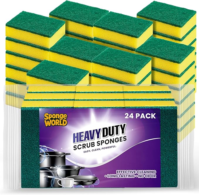 Dish Sponge, Non Scratch Sponges, Heavy Duty Scrub Sponge 24 Pack, Kitchen Scrub Sponges, 2.8x4 inch, Pads for Dishes, for Use Everyday for Tough Messes dualsided SPONGE WORLD
