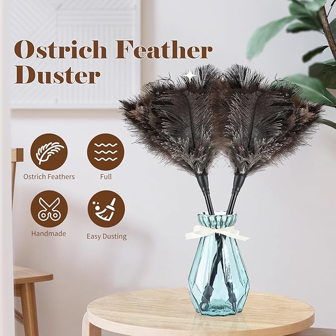 Natural Ostrich Feather Duster 14.9 inch Fluffy Mini Dusters with Plastic Handheld for Cleaning Car Keyboard Office 1 Pcs